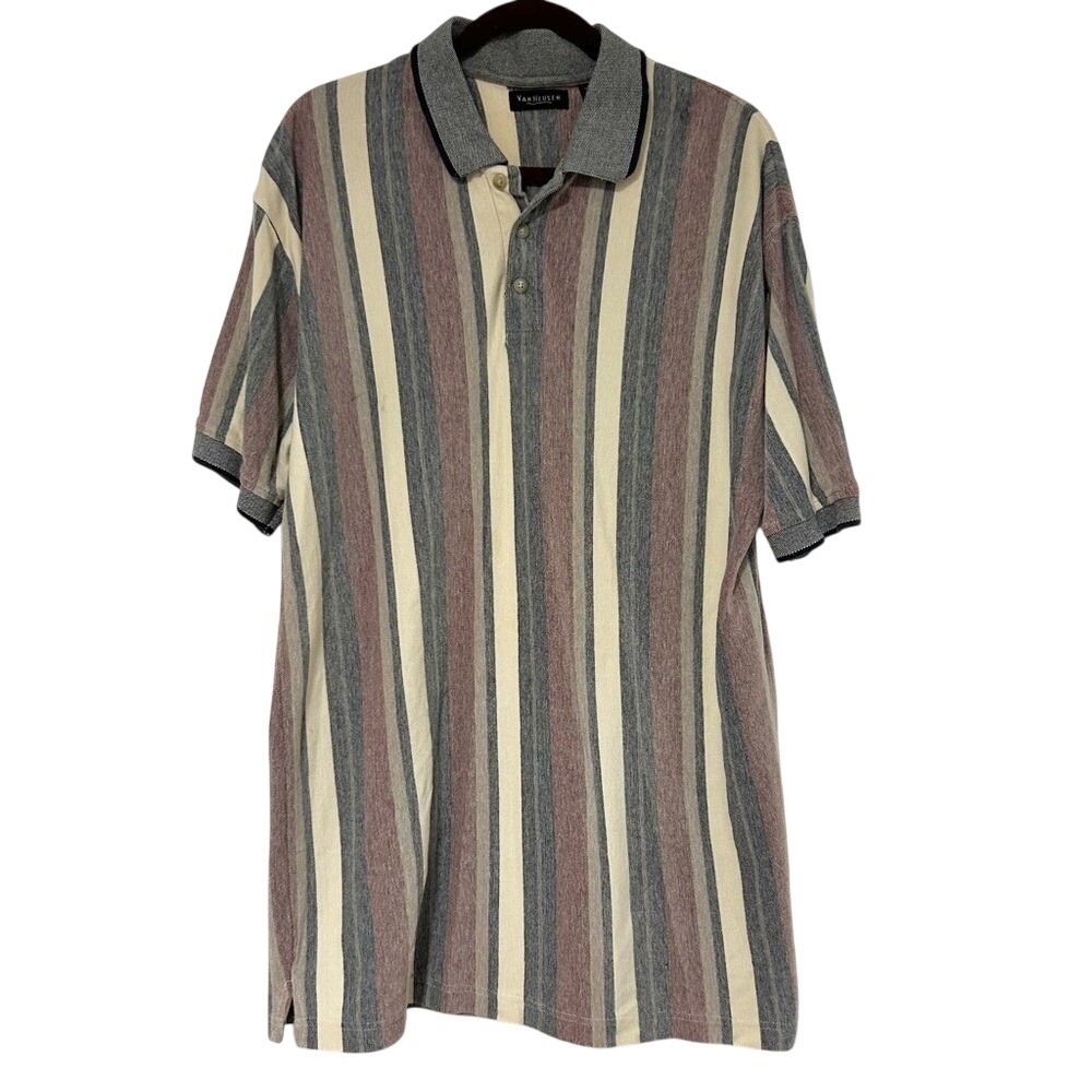 Van Heusen Mens XL Striped Polo Shirt Short Sleeve Cotton Burgundy Cream Grey